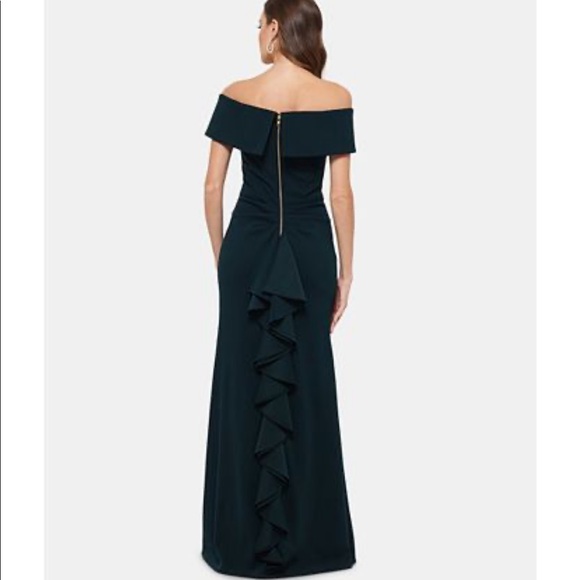 Green Ruffled-Back Off-The-Shoulder Gown - Picture 2 of 8